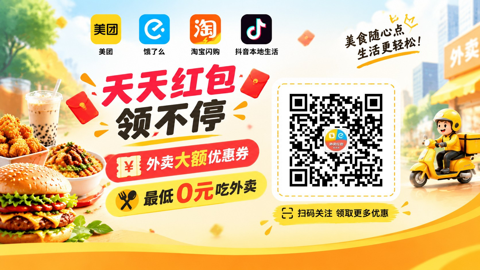 外卖红包天天领不停，美团饿了么淘宝闪购京东外卖优惠券，微信扫码关注公众号[好大外卖]即可领取